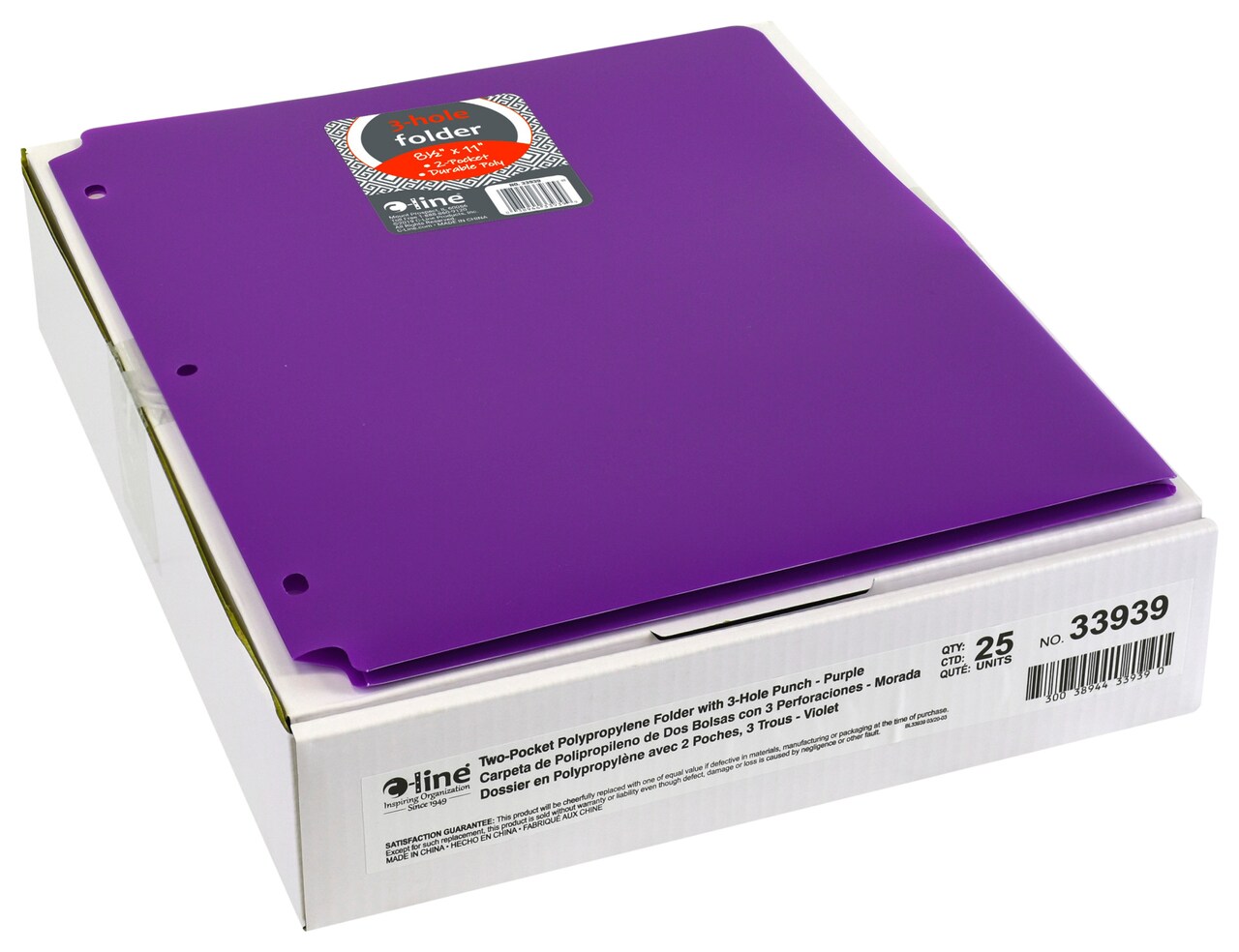 C-Line 2-Pocket Poly Folder, 3 Hole Punched, Purple, Pack of 25